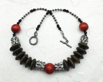 Women, Jewelery, Necklace, Handmade Bead Necklace,  Black and Red Necklace, Chunky, Statement