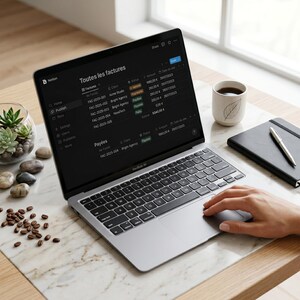 Peut inclure: Un ordinateur portable MacBook Air affichant un écran noir avec le texte "Toutes les factures" et des données financières. Une tasse de café, un carnet et un stylo sont sur la table. Une petite plante succulente et des grains de café sont également visibles.