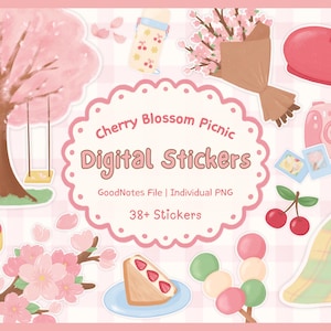 Stickers numériques pique-nique fleurs de cerisier | Clipart journal pastel (fichier GoodNotes)
