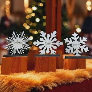 Puede incluir: Tres tarjetas de mesa con forma de copo de nieve con los nombres Ann, Cait y Daniel, expuestas sobre bloques de madera. Los copos de nieve son blancos y están sobre una mesa cubierta con una manta de piel sintética. Un árbol de Navidad es visible al fondo.