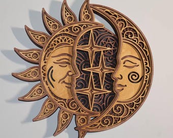 Handmade Layered Wood Mandala: Sun, Moon & Stars