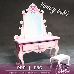 May include: A pink vanity table with a matching stool. The table has a mirror, a drawer, and ornate detailing. The text "Vanity table" is written on the top right. The bottom of the image has the text "PDF | PNG" and "Digital Files Instant Download".