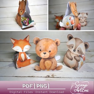 Woodland Animal Candy Box Templates – Fox, Bear & Raccoon – Printable Party Favor Boxes – PDF PNG Files for Cricut