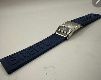 Premium Breitling Rubber Strap Navy Blue Watch Band Buckle Deployment 22mm, Custom Made
