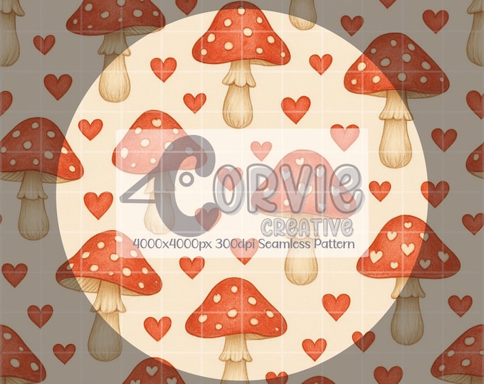 Cottagecore Mushroom Love Digital Seamless File with Standard Licensing Agreement