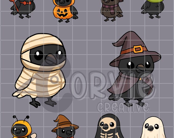 Handdrawn Halloween Costume Ravens Clipart Pack of 10 Digital Download Art