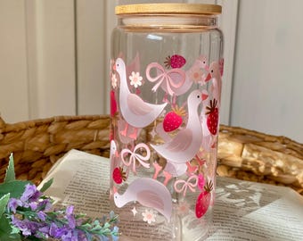 Goose Bow Strawberry | Glass Cup with Lid & Straw | Iced Coffee, Matcha | Spring | Gift | Silly Goose