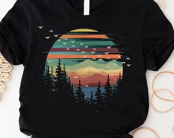 Retro Pine Trees Sunset Shirt, Adventure Shirt, Nature Lover Gift, Camping Gift Shirt, Forest Themed Shirt, Retro Forest Shirt,Outdoor Shirt