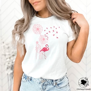 Dandelion Flamingo Shirt, Flying Flamingos Shirt, Flamingo Lover Shirt, Flamingo Flower Shirt, Women Flamingo Shirt, Funny Animal Lover Tee