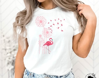Dandelion Flamingo Shirt, Flying Flamingos Shirt, Flamingo Lover Shirt, Flamingo Flower Shirt, Women Flamingo Shirt, Funny Animal Lover Tee