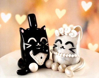 Kitty Cake Topper Cat Wedding Cake Toppers Black and White Wedding Decor Bride and Groom Cat Cake Toppers