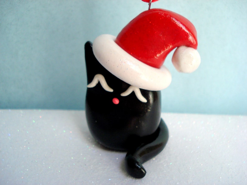 Black Cat Ornament Polymer Clay Black Fat Cat Christmas Ornament Kitty Christmas Ornaments Santa Ornament Pet Christmas Ornament