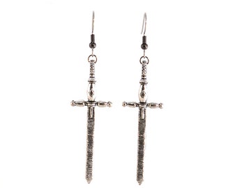 Fighting Sword Earrings Dangle in Metal on Surgical Steel Hooks or Clip Ons