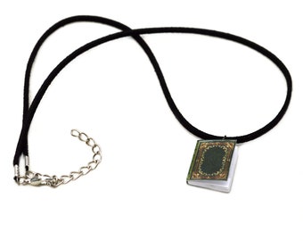 Miniature Journal Green Book Necklace with Real Pages Literary Book Lover Librarian Bookworm Gift - Adorable Ornate Mini - 18 Inch Necklace