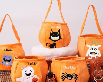Cesta de algodón personalizada para Halloween: bolsa de dulces con nombre personalizado, cubo de dulces, bolsa de Halloween, cesta de Halloween