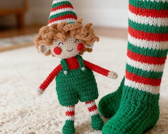 Gehaakte kerstelfpop, handgemaakt amigurumispeelgoed, decoratie voor de feestdagen