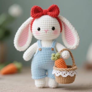 May include: A crocheted bunny doll wearing a red bow and blue dungarees. The bunny has a basket with a carrot. The doll's ears are lined with pink. The doll is approximately 20 cm tall.