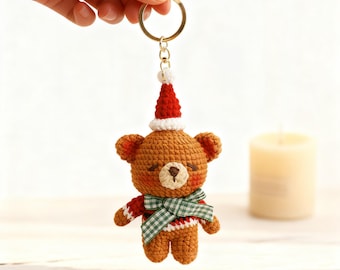 Crochet Christmas Bear Keychain, Amigurumi Bear Ornament, Cute Bag Charm, Holiday Gift, Stocking Stuffer