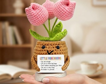 Handmade Crochet Pink Tulip Plant - Little Reminders Positive Card - Cute Flower Desk Decor - Encouragement Gift for Friend- Gift for Women