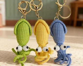 Cute Crochet Squid Keychain – Handmade Amigurumi Sea Animal Keychain, Ocean Lover Gift, Cute Bag Charm, Kawaii Plush Key Ring