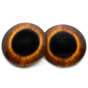 Könnte beinhalten: Zwei braune und schwarze Kunststoff-Sicherheitsaugen für Bastelarbeiten. Die Augen haben ein realistisches Aussehen mit einer dunkelbraunen Iris und einer schwarzen Pupille.