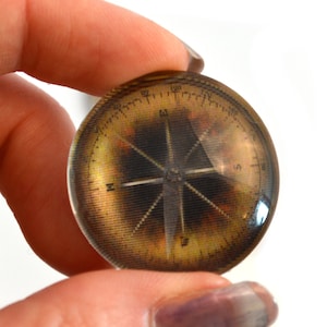 Pode incluir: Uma bússola redonda de vidro com um design dourado e castanho. O rosto da bússola apresenta uma rosa dos ventos com as letras N, S, E e W. A bússola é cercada por uma escala circular com números.