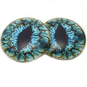 May include: Two round, blue and gold glass eyes with black pupils. The eyes have a textured, scaly appearance.
