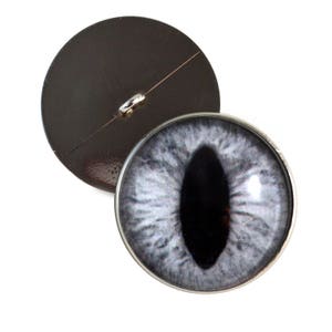May include: A gray cat eye button with a black pupil and a silver metal back. The button is approximately 1 inch in diameter.