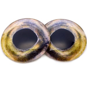 Puede incluir: Dos ojos redondos de plástico, con pupila negra y un patrón de remolino de marrón, amarillo y morado.