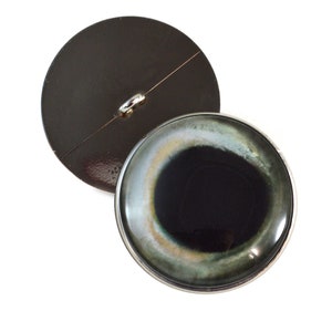 May include: A round, silver-rimmed button with a black and white eye design. The button has a silver shank on the back.