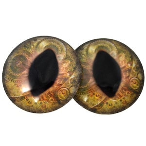 May include: Two steampunk-style glass eyes with gold and brown gears and cogs, and black pupils.