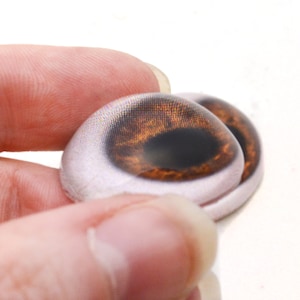 May include: Two brown and black plastic safety eyes with a white iris and a black pupil. The eyes are slightly convex and have a shiny finish.