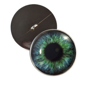 Puede incluir: Un botón de ojo verde y azul con una pupila negra y un borde plateado. La parte posterior del botón es negra con un lazo plateado.