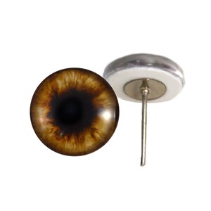 May include: Brown glass eye with a black pupil and a silver pin for attaching to a stuffed animal or craft project.