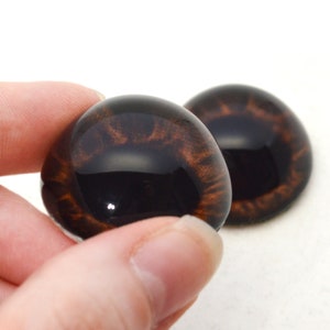 May include: Two brown and black glass eyes with a black pupil and a brown iris. The eyes are round and have a glossy finish.