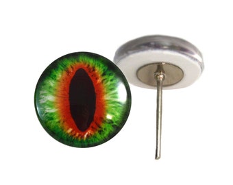 Groene en oranje kat of draak glazen ogen op draad pin palen voor naald vilten pop maken, Taxidermie - 6mm, 8mm, 10mm, 12mm, 14mm, 16mm