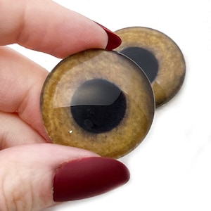 Op de afbeelding: Twee bruine glazen ogen met zwarte pupillen. De ogen zijn rond en hebben een glanzende afwerking. Ze zijn perfect voor knutselprojecten.