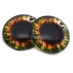 Könnte beinhalten: Zwei runde, schwarze Glasaugen mit einer gelben, orangen und grünen Iris. Die Augen haben eine schwarze Pupille und einen weißen Ring um die Pupille.