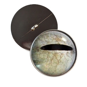 May include: A button with a reptile eye design. The button features a round, glass-like eye with a black slit pupil and a light green and brown iris. The button has a silver metal rim and a dark brown back with a metal loop.