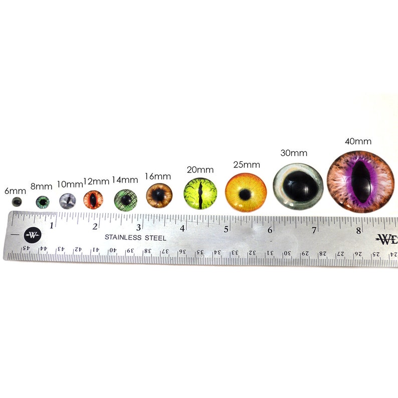 Puede incluir: Un conjunto de diez ojos de pl&aacute;stico de diferentes tama&ntilde;os, que van desde 6 mm hasta 40 mm. Los ojos tienen un aspecto realista con diferentes colores y patrones, incluyendo verde, amarillo, naranja y morado. Los ojos se muestran en una regla para comparar el tama&ntilde;o.