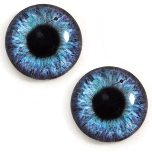 May include: Two blue glass eyes with black pupils. The eyes have a realistic look with a blue and white swirl pattern.