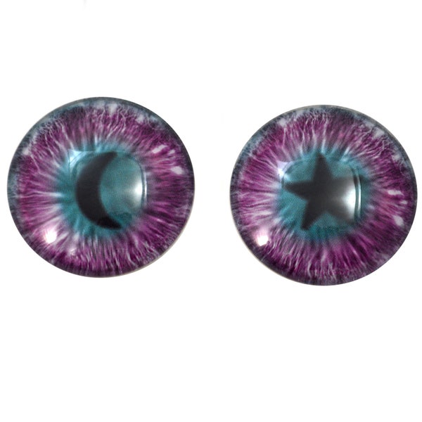 Purple and Teal Star and Moon Fantasy Glass Eyes - 6mm to 40mm - Jewelry Making Art Dolls Cabochons Taxidermy Sculptures Domed Craft Supply