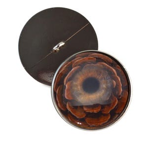 May include: A brown and black eye-shaped button with a silver rim. The button has a detailed design that resembles a pine cone.