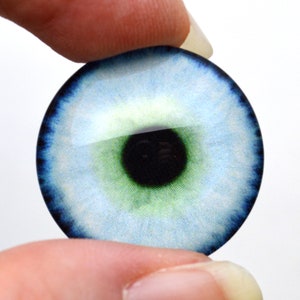 May include: A blue and green glass eye with a black pupil. The eye is round and has a white iris with a blue rim.
