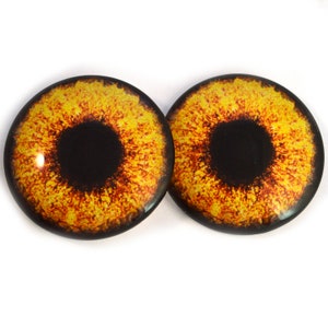 May include: Two round, yellow and orange glass eyes with black pupils. The eyes are designed to look like animal eyes.