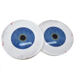 May include: Two blue plastic eyes with white sclera and red veins. The eyes are round and have a black pupil.