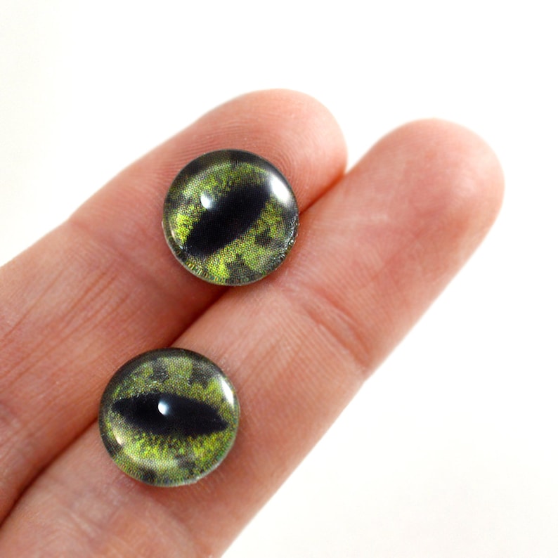 Green Alligator Handmade Glass Eyes 6mm to 40mm Jewelry Cabochon Art Doll Taxidermy Sculptures Polymer Clay Flat Domed Dragon Realistic image 5