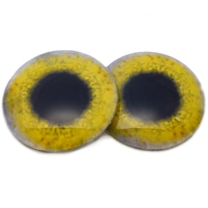 May include: Two yellow and black glass eyes with a realistic look. The eyes are round and have a black pupil and a yellow iris. They are perfect for crafting projects.