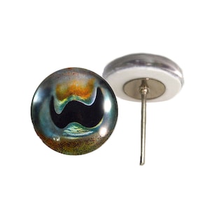 Op de afbeelding: Een paar realistisch ogende vissenogen met een zwarte pupil en een blauwe, groene en oranje iris. De ogen zijn gemonteerd op een witte kunststof basis met een metalen pin.