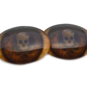 May include: Two oval-shaped, glossy brown glass eyes with a skull design. The eyes have a dark brown outer rim and a lighter brown center, creating a striking contrast. The skull is visible in the center of each eye.